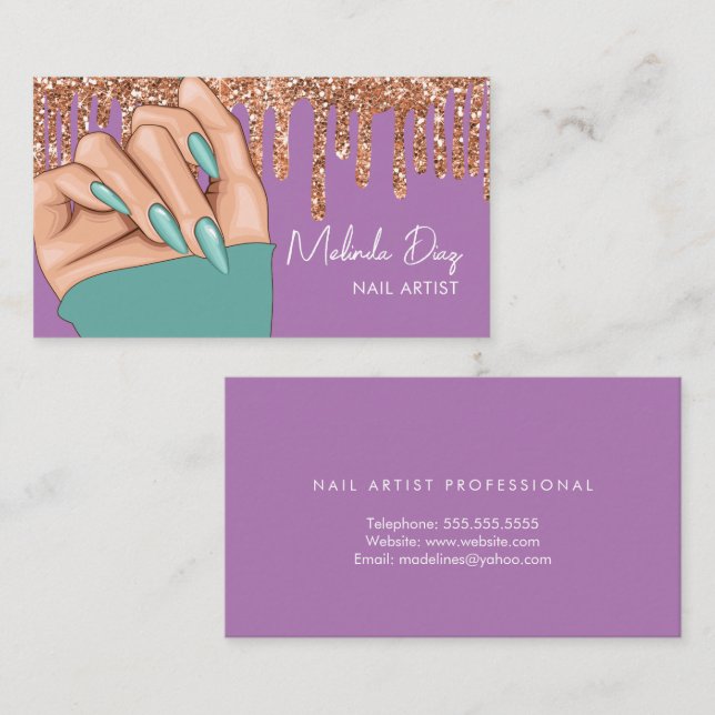 Nail Artist Designer Salon Imitate Glitzer Aquamar Visitenkarte (Vorne/Hinten)