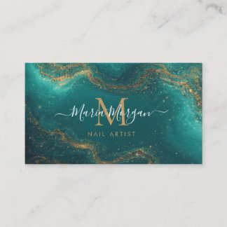 Nail Artist Turquoise Teal Agate Gold Monogram Visitenkarte