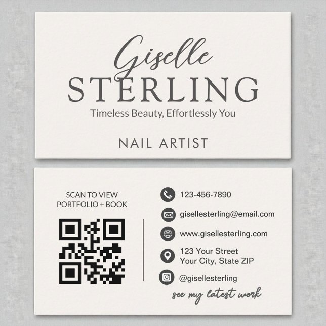 Nail Artist White Script Modern QR Code Visitenkarte (Von Creator hochgeladen)