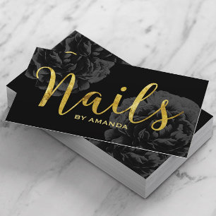Nail Salon Gold Script Elegante Schwarze Flora Visitenkarte