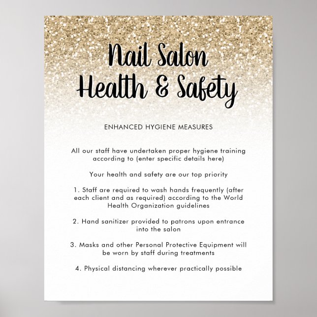 Nail Salon Health Safety Poster Gold Glitzer (Vorne)