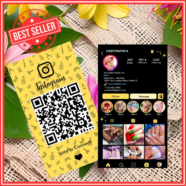 Nail Salon Instagram Gelb | Social Media QR Visitenkarte (Von Creator hochgeladen)