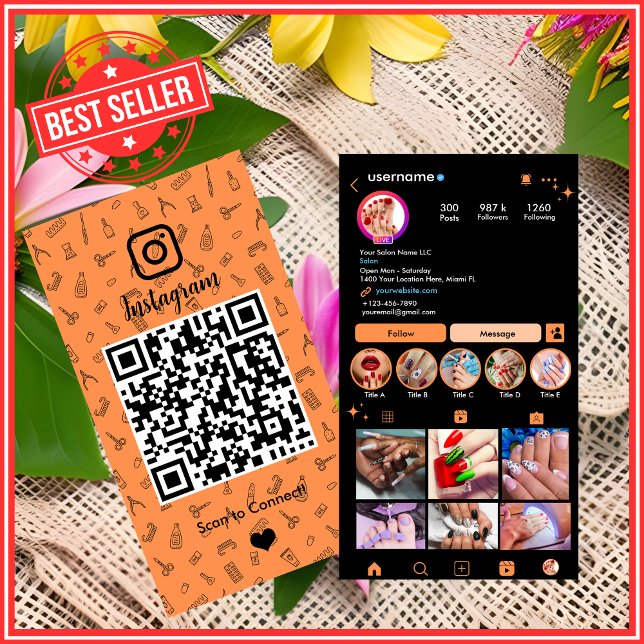 Nail Salon Instagram Orange | Social Media QR Visitenkarte (Von Creator hochgeladen)