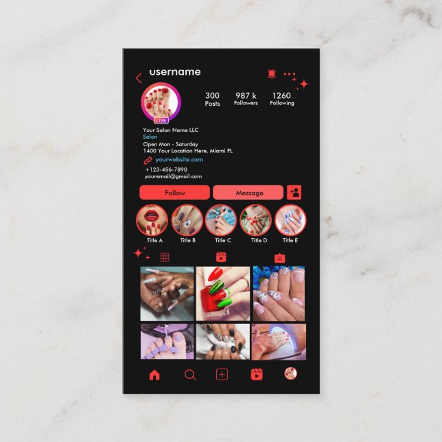 Nail Salon Instagram Red | QR-Code für soziale Med Visitenkarte (Vorderseite)
