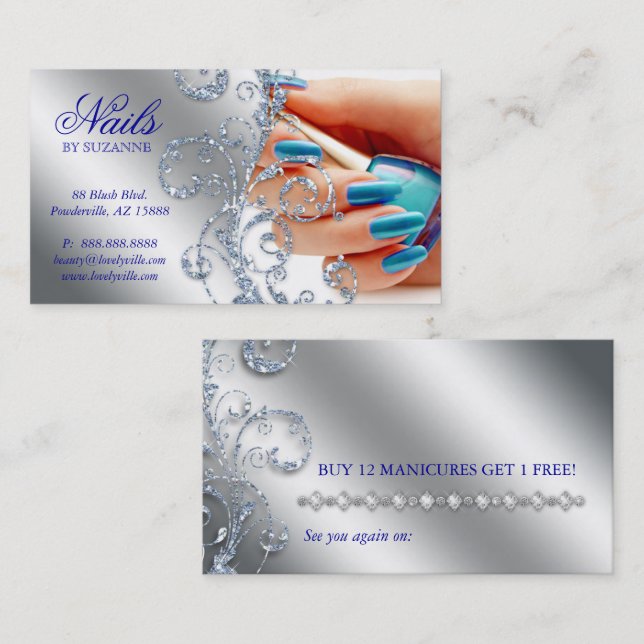 Nail Salon Loyalty Card Glitzer Silber Blau Polnis Treuekarte (Vorne/Hinten)