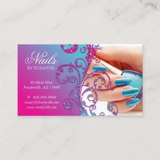 Nail Salon Modern Loyalty Card Glitzer Blue Pink Treuekarte (Vorderseite)