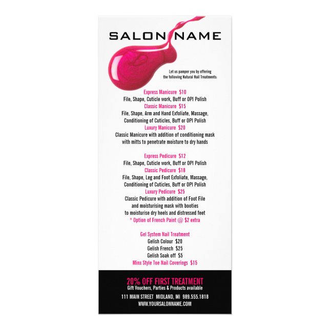Nail Salon Price List Rack Cards Werbekarte (Vorne)