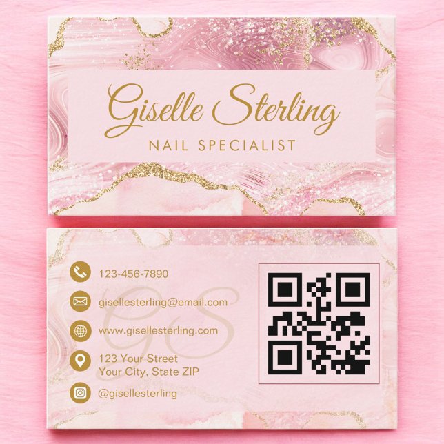 Nail Specialist Blush Pink Gold Agate QR Code Visitenkarte (Von Creator hochgeladen)
