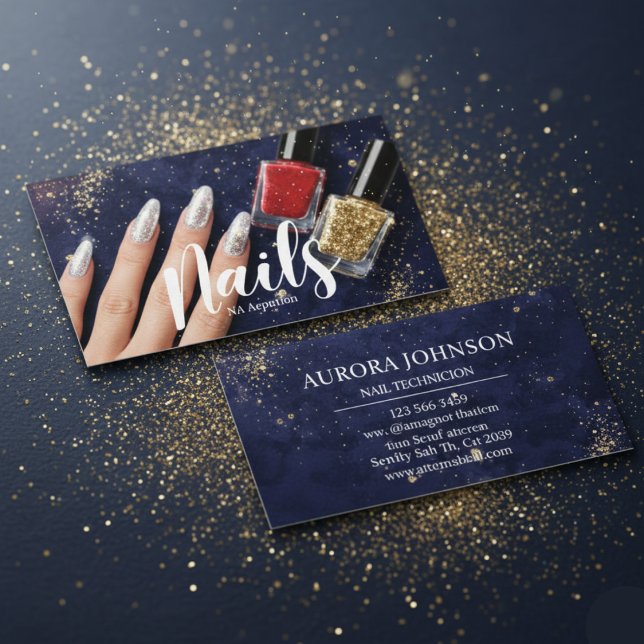 Nail Tech Glam Navy glitter Business Card Visitenkarte (Von Creator hochgeladen)