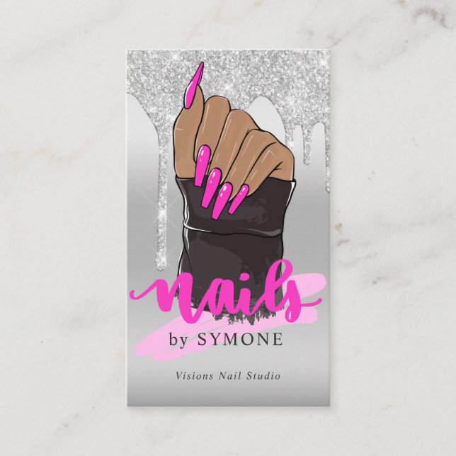 Nail Tech Nail Salon Silver Glitzer Drilling Visitenkarte (Vorderseite)