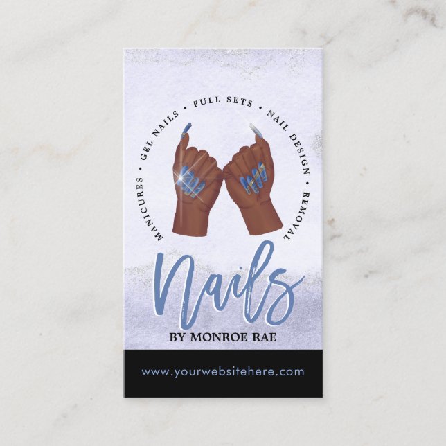 Nail Tech / Nails Salon Blue Glam Business Card Visitenkarte (Vorderseite)