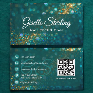 Nail Technician Aquamarin Gold Glitzer QR Code Lux Visitenkarte