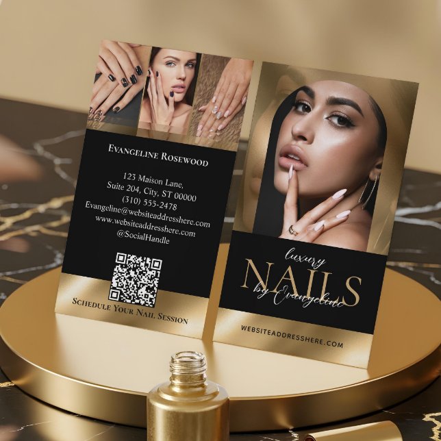 Nail Technician Artist Salon Arch Photo Black Gold Visitenkarte (Nail Technician Artist Salon Arch Photo Black Gold Business Card)