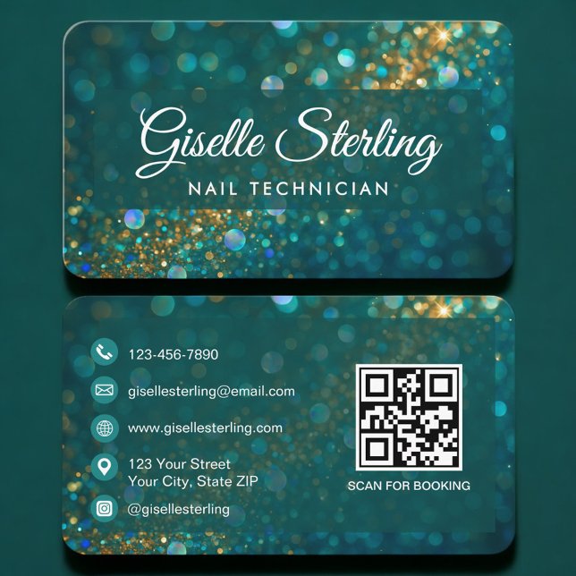 Nail Technician Green Gold QR Code Professional Visitenkarte (Von Creator hochgeladen)