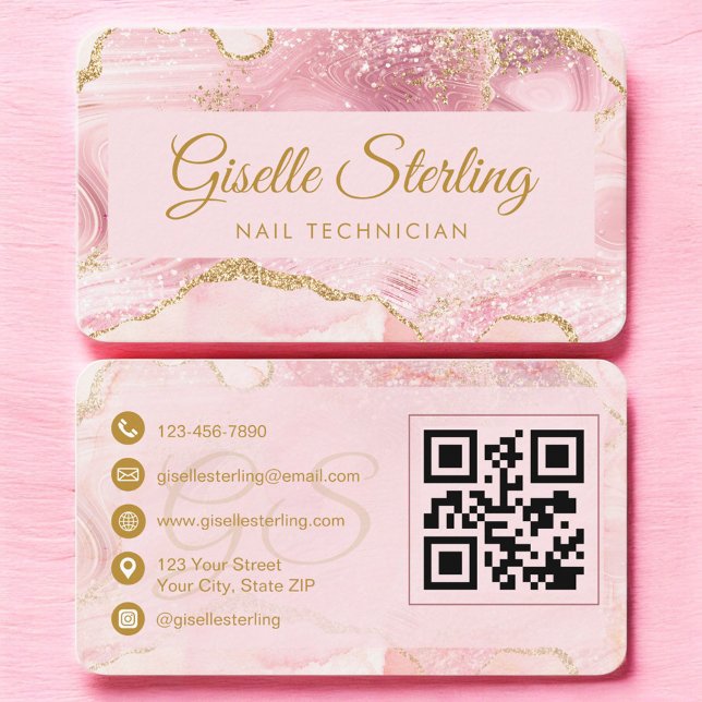 Nail Technician Pink Gold Agate QR Code Visitenkarte (Von Creator hochgeladen)