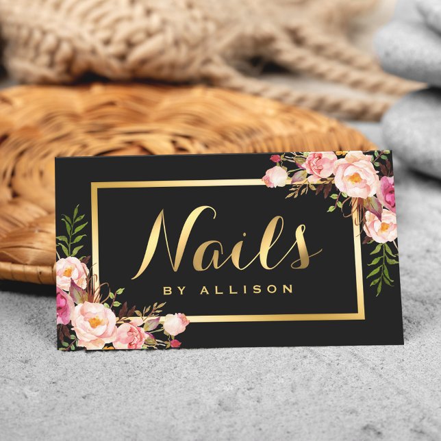 Nail Technician Salon Black Gold Blumenschrift Visitenkarte (Von Creator hochgeladen)