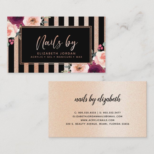 Nails Floral Black Rose Gold Glitzer Business Card Visitenkarte (Vorne/Hinten)