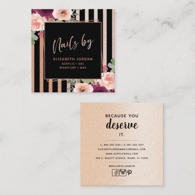 Nails Floral Black Rose Gold Square Business Card Quadratische Visitenkarte (Vorne/Hinten)