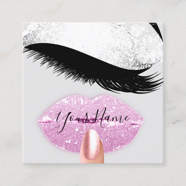 Nails Makeup Boutique Rosa Kiss Lips Lashes Quadratische Visitenkarte (Vorderseite)