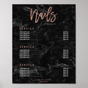 Nails Rose Gold Skript schwarze Marmorpreisliste Poster