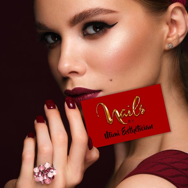 Nails Studio Artist Red Nails Script Red Gold Logo Visitenkarte (Nails Studio Artist Red Nails Script Red Gold Logo Business Card)