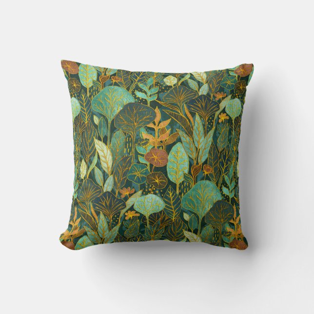 Naive Art Lush Garden Tapestes in Grün und Blau Kissen (Vorderseite)
