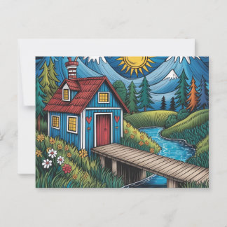 NAIVE Art Postcard Waldlandschaft und Hütte. Postkarte