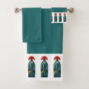 Naive Bird Red Feather Green Robe Cobe Border Badhandtuch Set