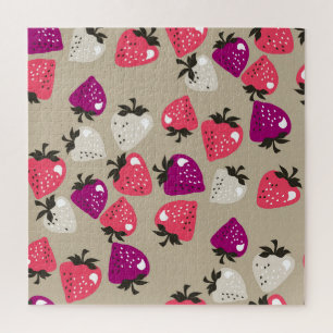 Naive Erdbeeren: Nahtloser Beige Hintergrund. Puzzle