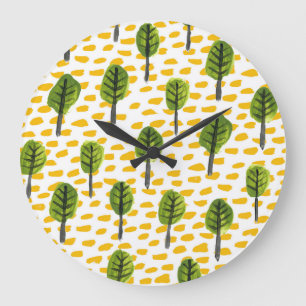Naive Green Black Tree Muster Große Wanduhr