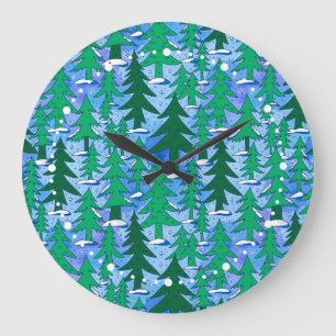Naive Kunst Winter Fichtenwald Grün Blau Große Wanduhr