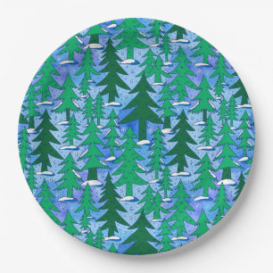 Naive Kunst Winter Fichtenwald Grün Blau Pappteller