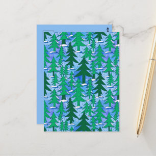Naive Kunst Winter Fichtenwald Grün Blau Postkarte