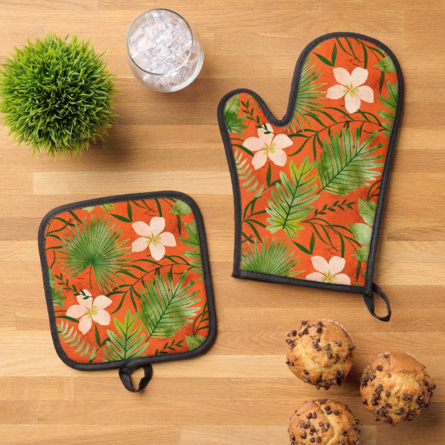 Nalani Hawaiian Tropical Garden Orange Ofenhandschuh & Topflappen-Set (Oben Unten)