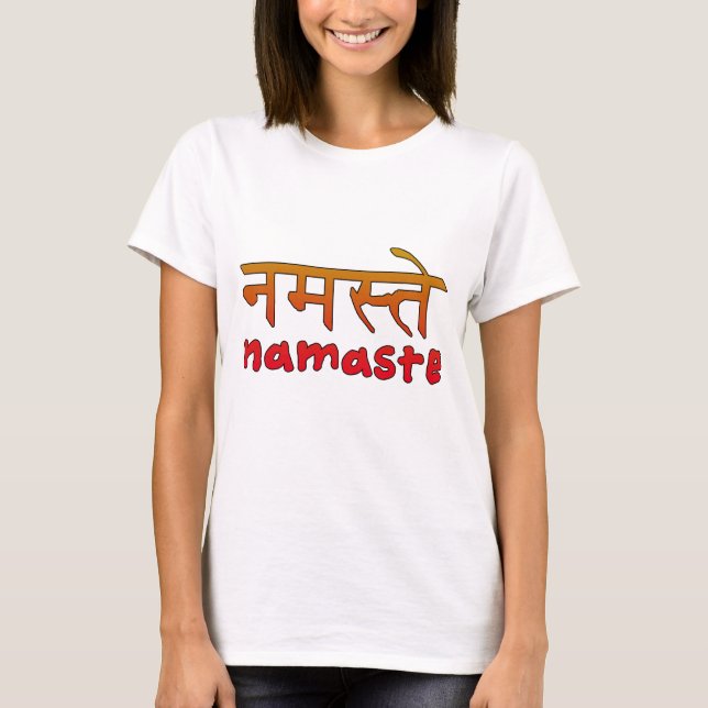 Namaste im englischem und Hindi-Skript T-Shirt (Vorderseite)