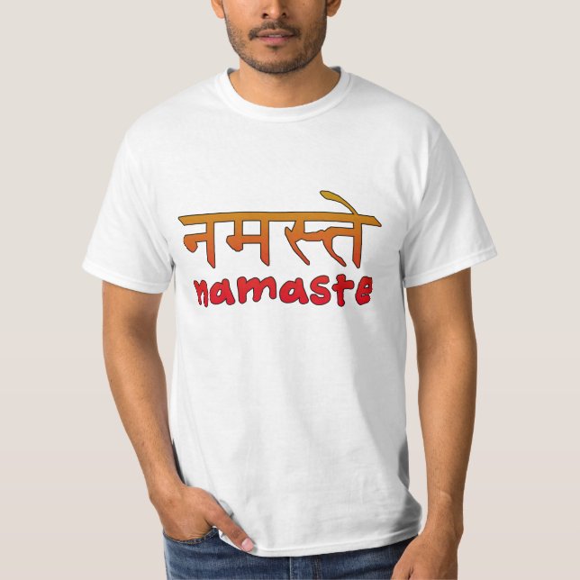 Namaste im englischem und Hindi-Skript T-Shirt (Vorderseite)