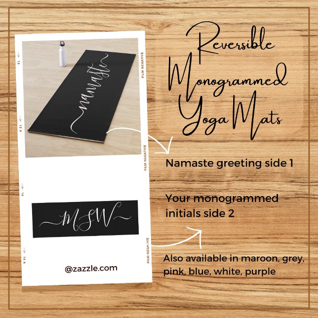 Namaste Initials Personalisiert Schwarz-weiß Yogamatte (Reversible personalized monogrammed initials white on black ground yoga mat. Gift her good health.)