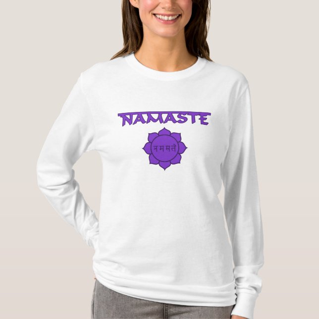 Namaste mit Lotus und Sanskrit T-Shirt (Vorderseite)
