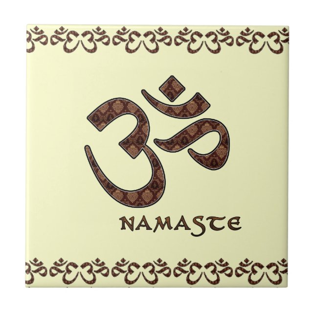 Namaste mit OM-Symbol Brown und Creme Fliese (Vorderseite)