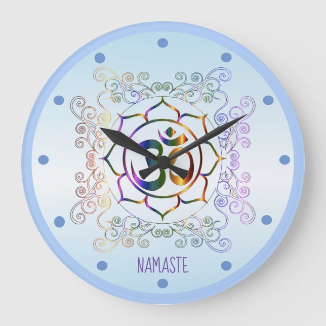 Namaste Om (Om) Lotus Prismatisch Ornamental Große Wanduhr (Vorderseite)
