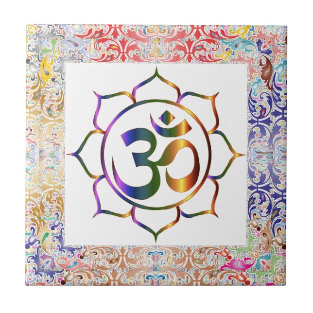 Namaste Om Om & Lotus Rainbow Border Personalisier Fliese (Vorderseite)