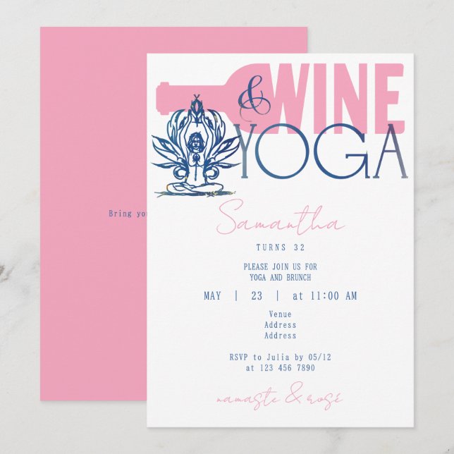 Namaste & Rose Minimal Wein & Yoga Brunch Geburtst Einladung (Vorne/Hinten)
