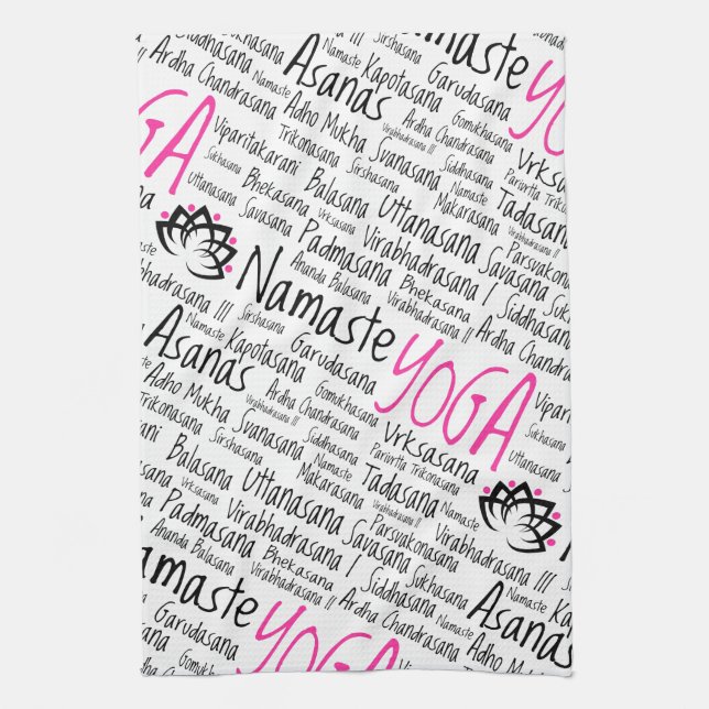 Namaste Yoga Asanas bringt Namen in Sanskrit in Geschirrtuch (Vertikal)