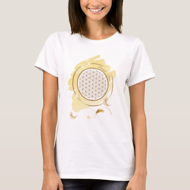 Namaste – Yoga Shirt mit goldener Blume des Lebens (Vorderseite)