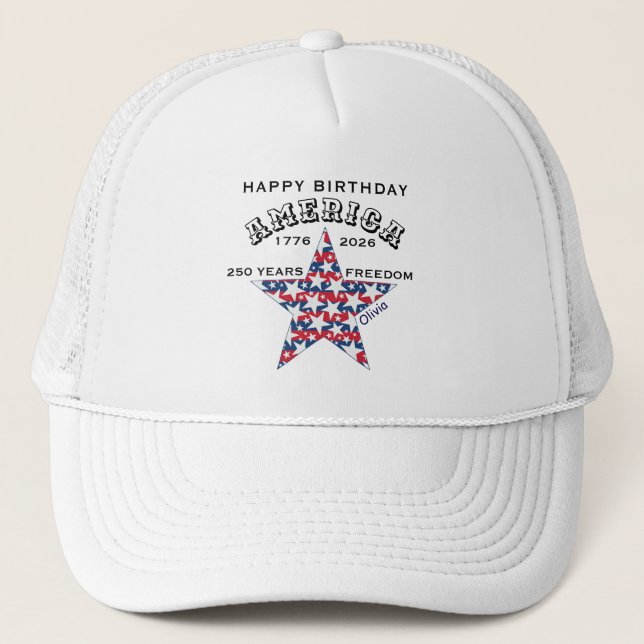 Name || 250th Happy Birthday America White Truckerkappe (Vorderseite)