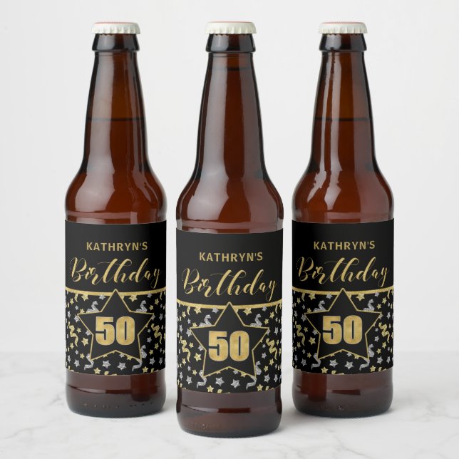 Name 50. Geburtstag Confetti Thema in Gold auf sch Bierflaschenetikett (Flaschen)