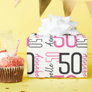 Name 50. Geburtstag Pink Black Wrapping Paper hinz Geschenkpapier