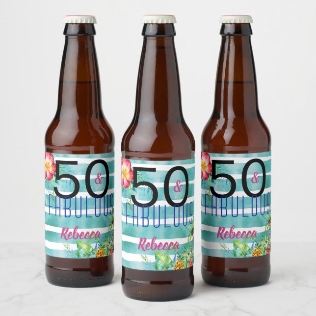 Name 50 und Fabulous Tropical Floral 50. Geburtsta Bierflaschenetikett (Flaschen)