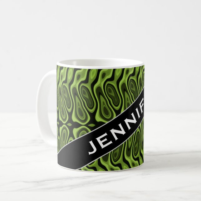 Name + Abstraktes grünes Flüssigkeit Ähnliches Kaffeetasse (Vorderseite Links)