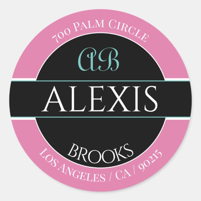 Name Address Monogram, Pink Black & White Runder Aufkleber (Vorderseite)